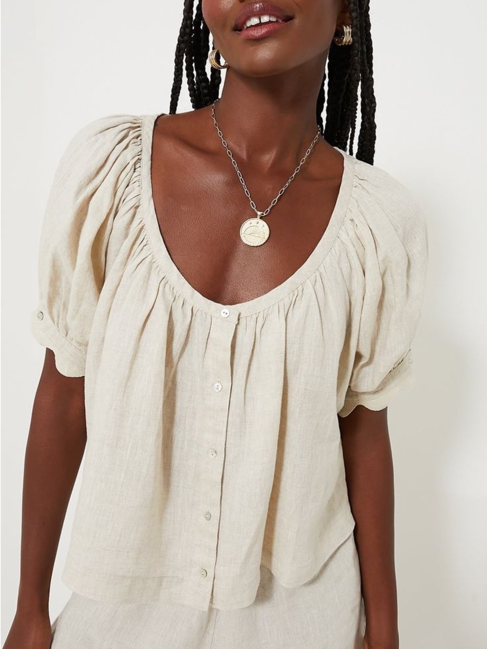 bohme Neutral Cream Puff-Sleeve Button Front Blouse